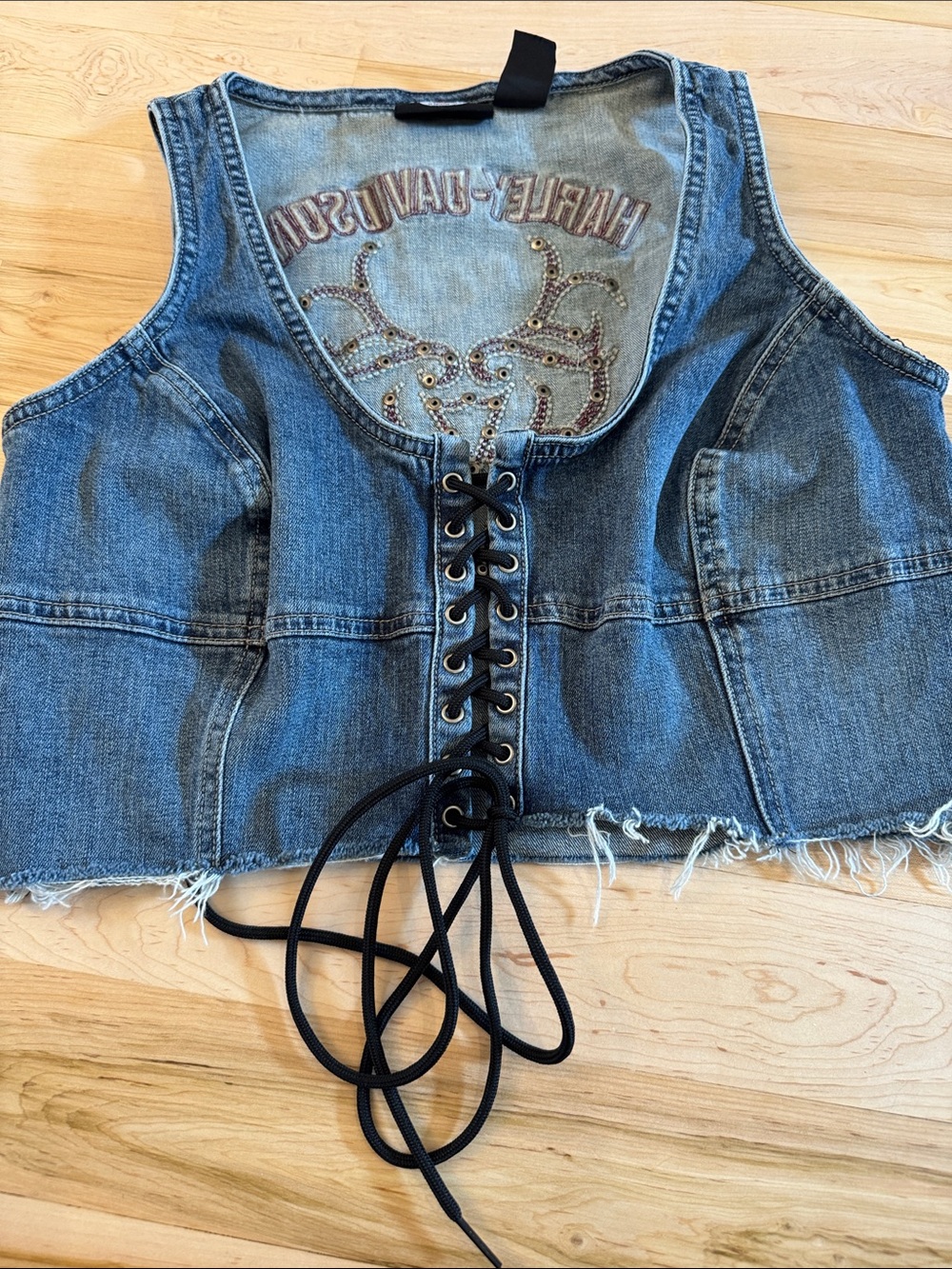 Harley-Davidson Embroidered Studded Corset Lace Up denim vest-Y2K - Picture 3 of 6
